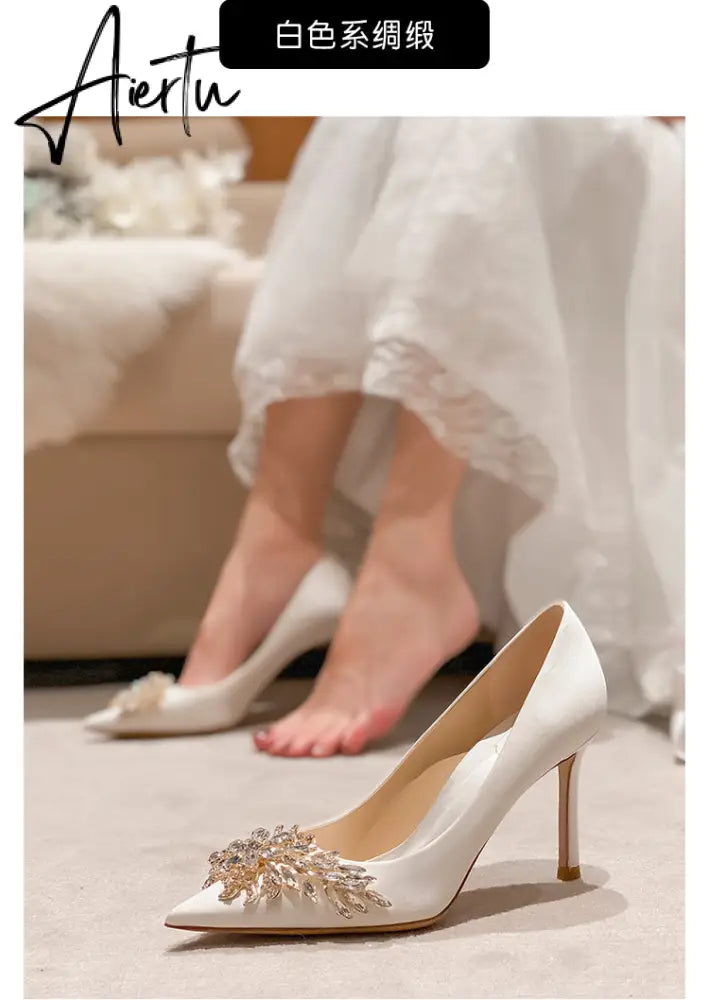 Aiertu Spring New White Women Bridal Wedding Shoes Faux Silk Satin Rhinestone Crystal Shallow Pumps Stiletto High Heel T Aiertu