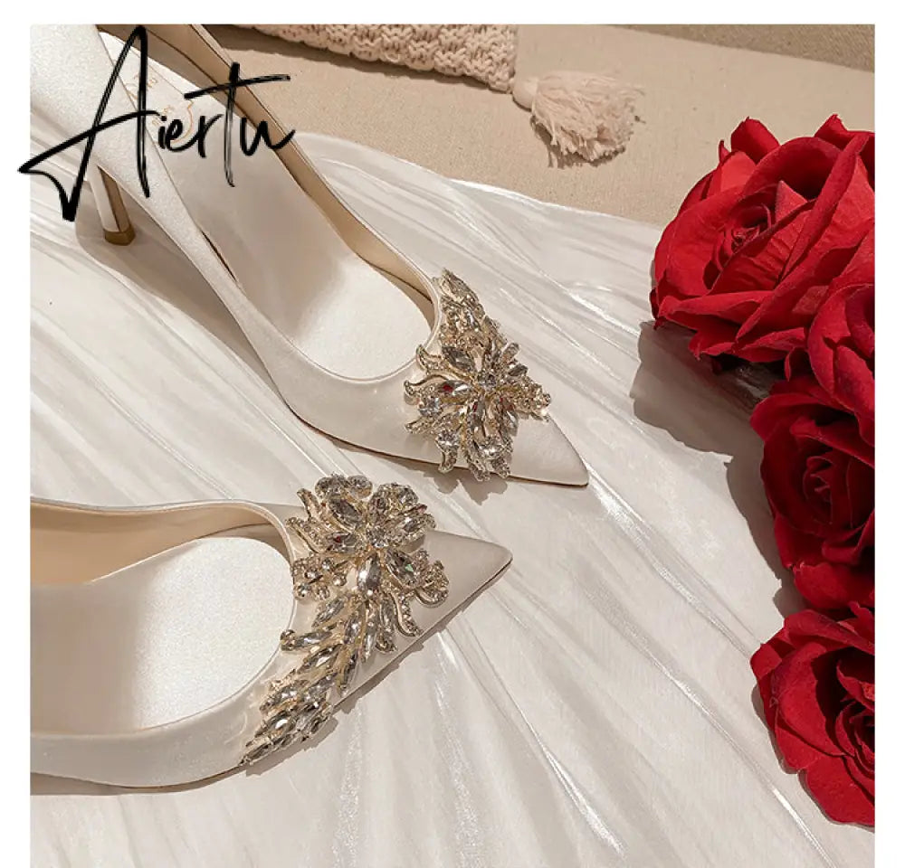 Aiertu Spring New White Women Bridal Wedding Shoes Faux Silk Satin Rhinestone Crystal Shallow Pumps Stiletto High Heel T Aiertu