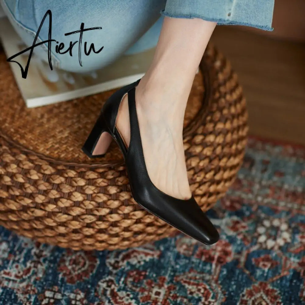 Aiertu  Spring New Women Shoes Cow Leather Square Toe Chunky Heel High(6.5cm) women pumps Aiertu