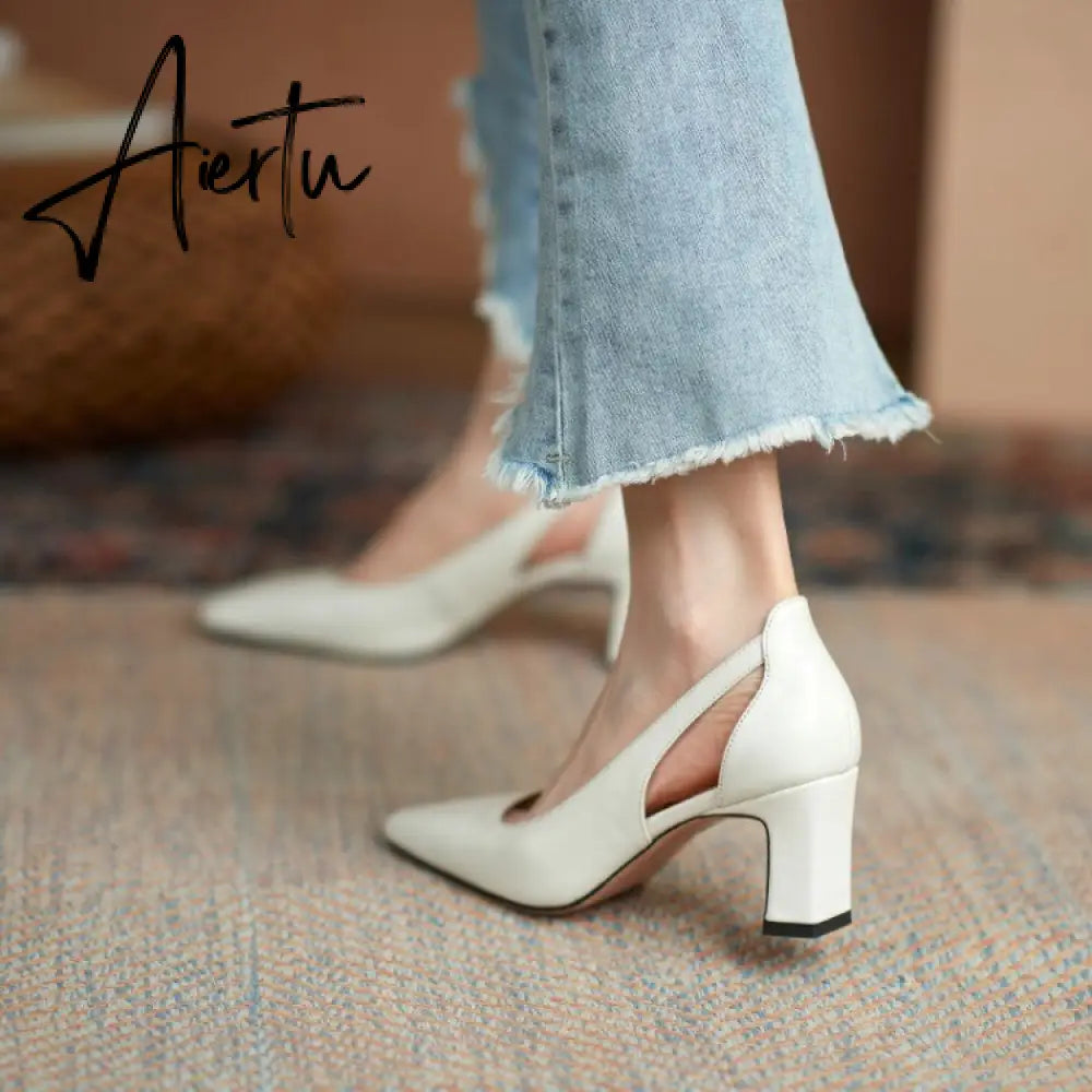 Aiertu  Spring New Women Shoes Cow Leather Square Toe Chunky Heel High(6.5cm) women pumps Aiertu