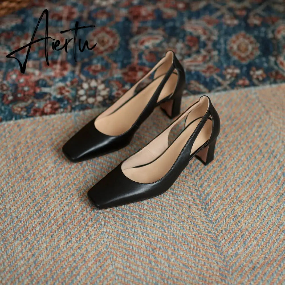 Aiertu  Spring New Women Shoes Cow Leather Square Toe Chunky Heel High(6.5cm) women pumps Aiertu