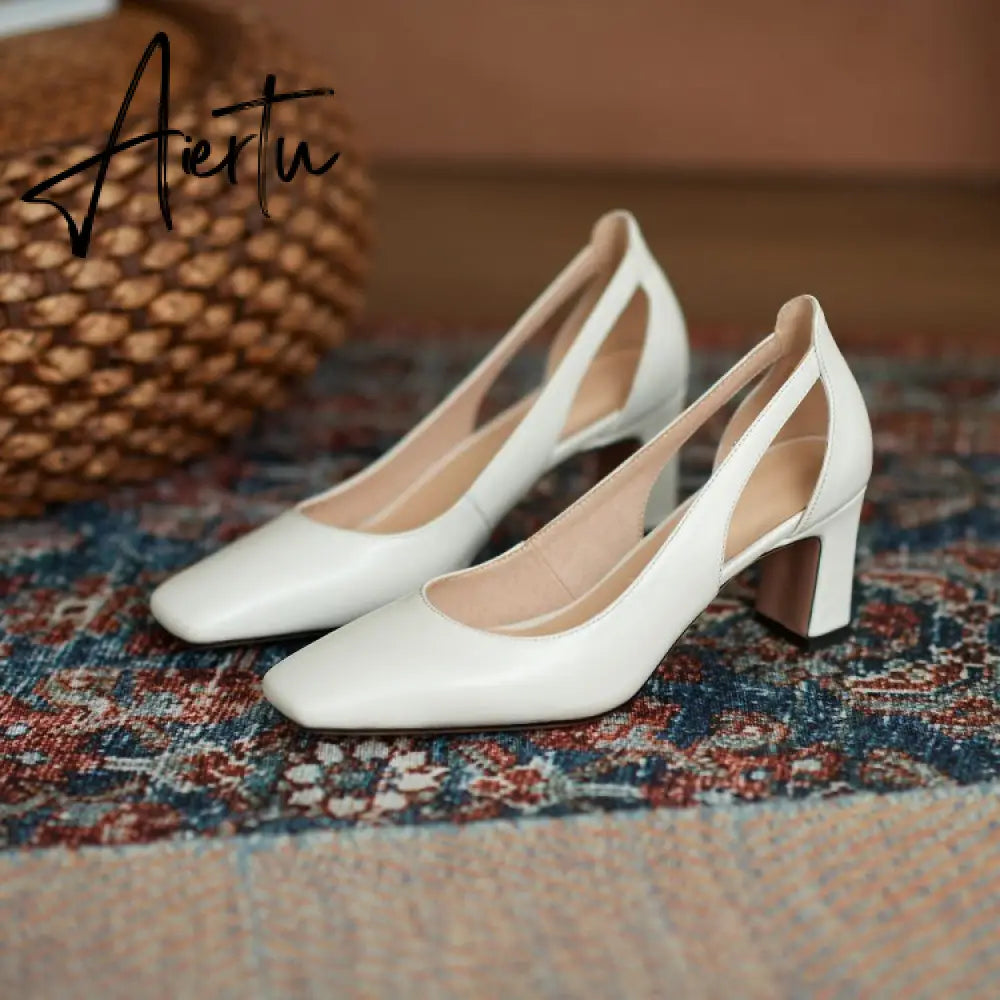 Aiertu  Spring New Women Shoes Cow Leather Square Toe Chunky Heel High(6.5cm) women pumps Aiertu