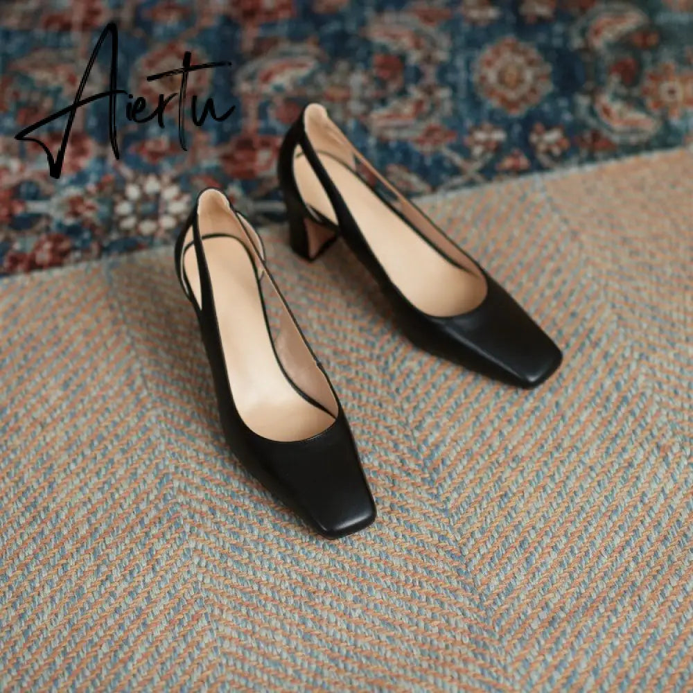 Aiertu  Spring New Women Shoes Cow Leather Square Toe Chunky Heel High(6.5cm) women pumps Aiertu