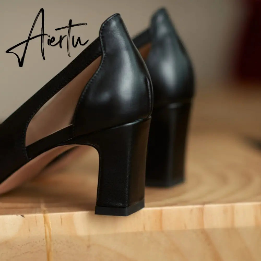 Aiertu  Spring New Women Shoes Cow Leather Square Toe Chunky Heel High(6.5cm) women pumps Aiertu