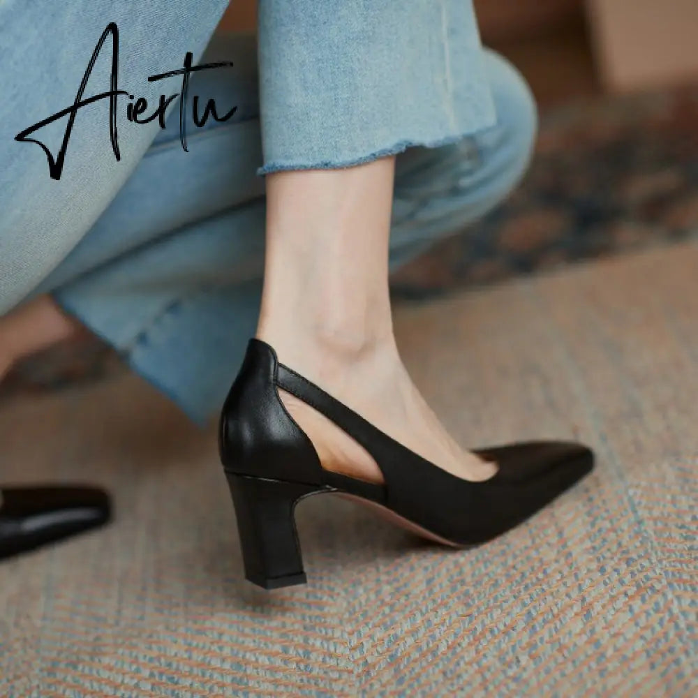 Aiertu  Spring New Women Shoes Cow Leather Square Toe Chunky Heel High(6.5cm) women pumps Aiertu