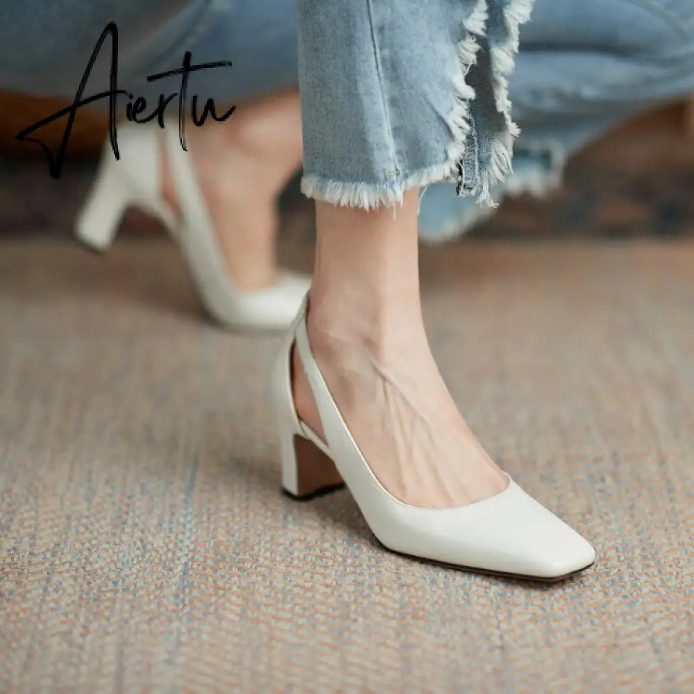 Aiertu  Spring New Women Shoes Cow Leather Square Toe Chunky Heel High(6.5cm) women pumps Aiertu