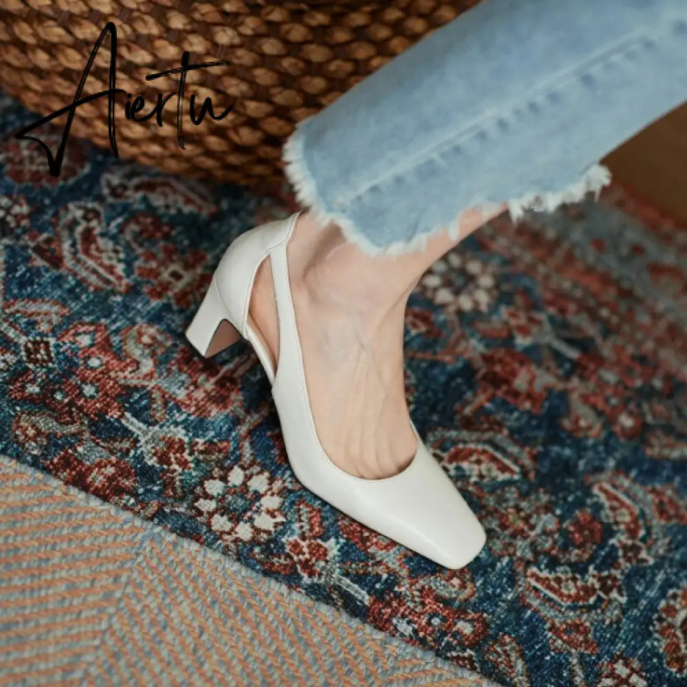 Aiertu  Spring New Women Shoes Cow Leather Square Toe Chunky Heel High(6.5cm) women pumps Aiertu