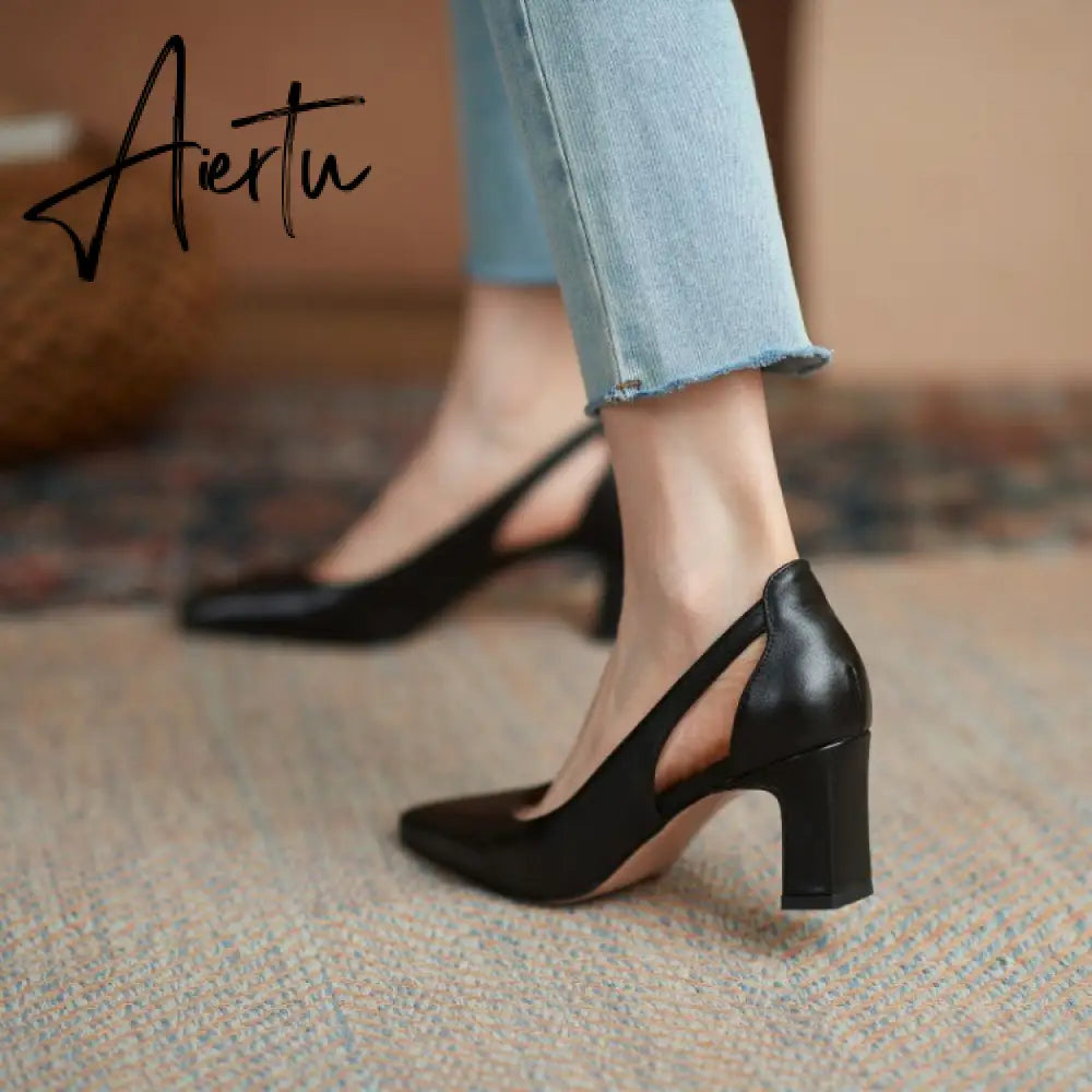 Aiertu  Spring New Women Shoes Cow Leather Square Toe Chunky Heel High(6.5cm) women pumps Aiertu