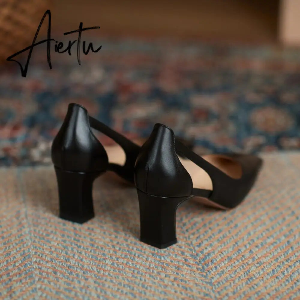 Aiertu  Spring New Women Shoes Cow Leather Square Toe Chunky Heel High(6.5cm) women pumps Aiertu