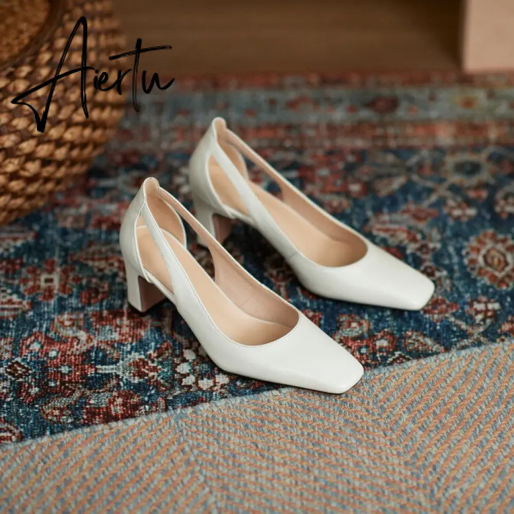 Aiertu  Spring New Women Shoes Cow Leather Square Toe Chunky Heel High(6.5cm) women pumps Aiertu