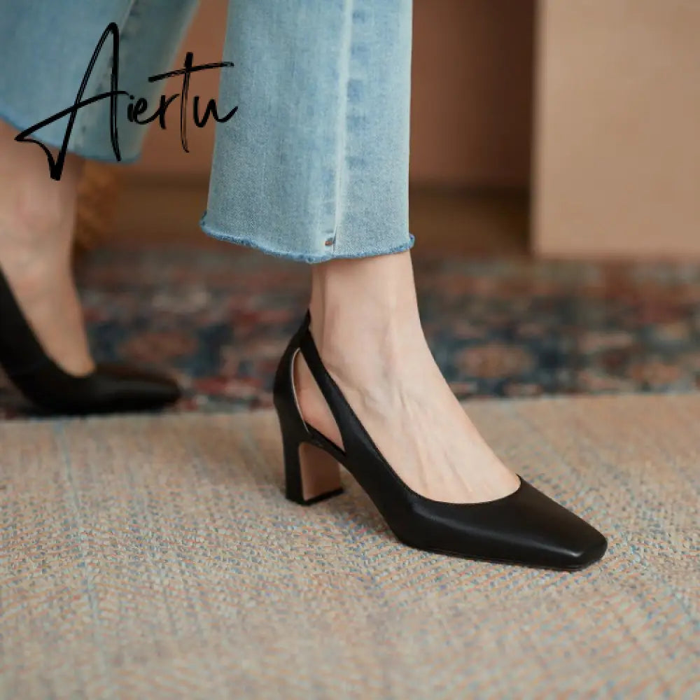 Aiertu  Spring New Women Shoes Cow Leather Square Toe Chunky Heel High(6.5cm) women pumps Aiertu