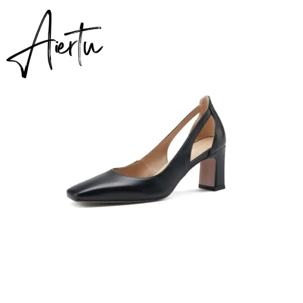 Aiertu  Spring New Women Shoes Cow Leather Square Toe Chunky Heel High(6.5cm) women pumps Aiertu