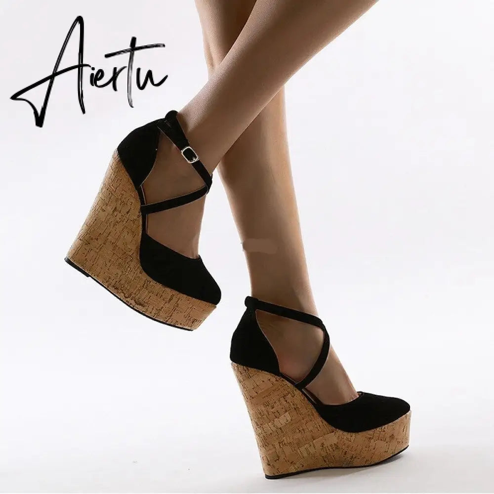 Aiertu Spring Sexy Mary Janes Wedges Platforms Pumps Woman Fetish Heel Round Toe Stripper Buckle Strap Party Wedding Shoes Aiertu