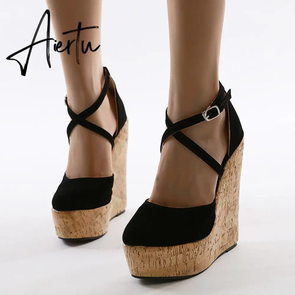Aiertu Spring Sexy Mary Janes Wedges Platforms Pumps Woman Fetish Heel Round Toe Stripper Buckle Strap Party Wedding Shoes Aiertu