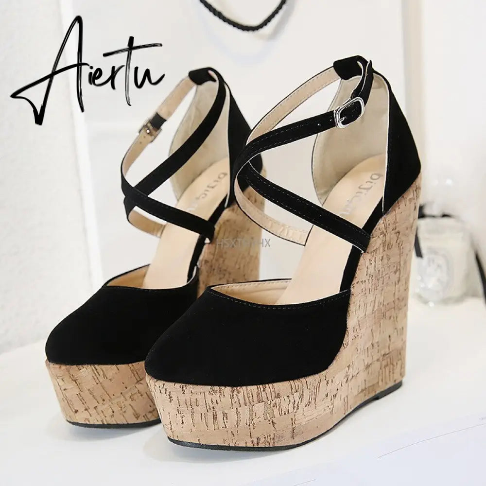 Aiertu Spring Sexy Mary Janes Wedges Platforms Pumps Woman Fetish Heel Round Toe Stripper Buckle Strap Party Wedding Shoes Aiertu