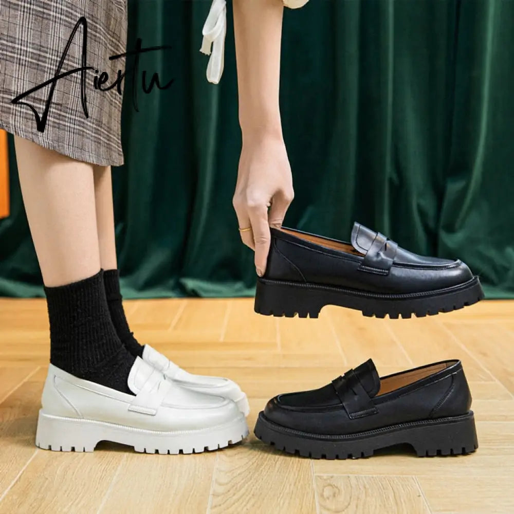 Aiertu  Spring Shoes Female British Style New Thick-soled College Style Casual Loafers Genuine Leather Fashion Shoes Girls Aiertu