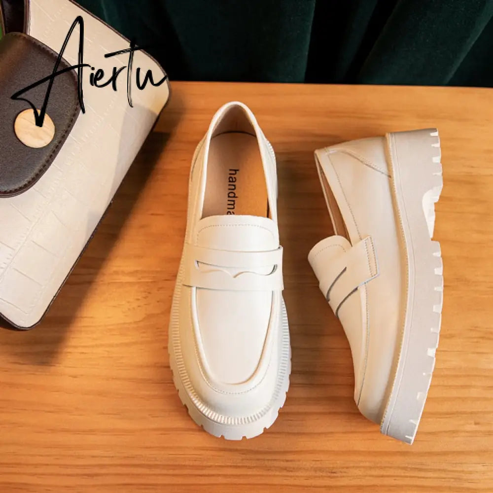 Aiertu  Spring Shoes Female British Style New Thick-soled College Style Casual Loafers Genuine Leather Fashion Shoes Girls Aiertu