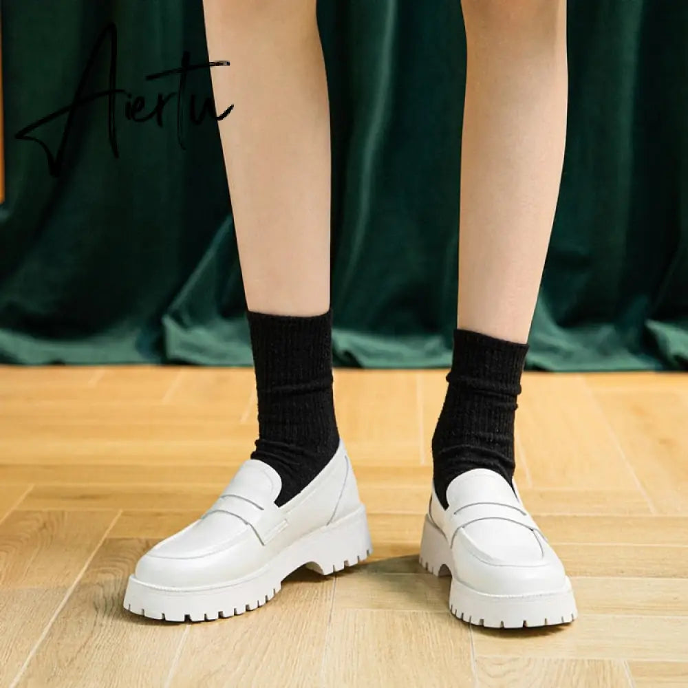 Aiertu  Spring Shoes Female British Style New Thick-soled College Style Casual Loafers Genuine Leather Fashion Shoes Girls Aiertu