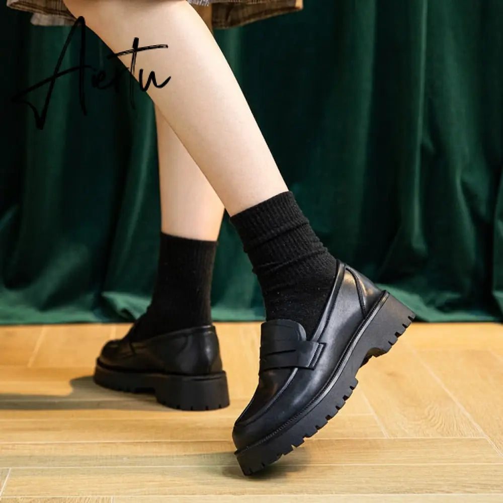 Aiertu  Spring Shoes Female British Style New Thick-soled College Style Casual Loafers Genuine Leather Fashion Shoes Girls Aiertu