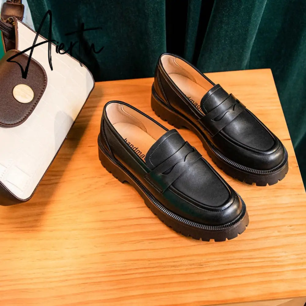 Aiertu  Spring Shoes Female British Style New Thick-soled College Style Casual Loafers Genuine Leather Fashion Shoes Girls Aiertu