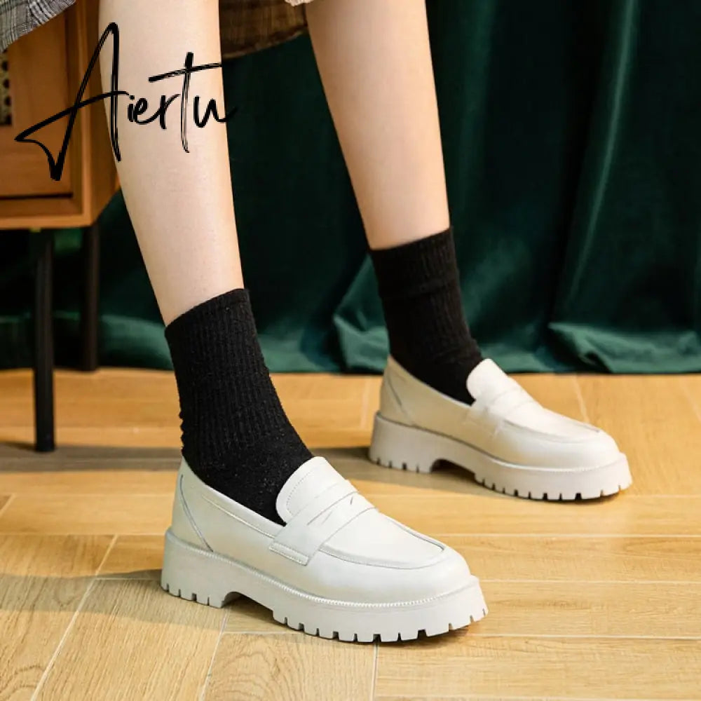 Aiertu  Spring Shoes Female British Style New Thick-soled College Style Casual Loafers Genuine Leather Fashion Shoes Girls Aiertu