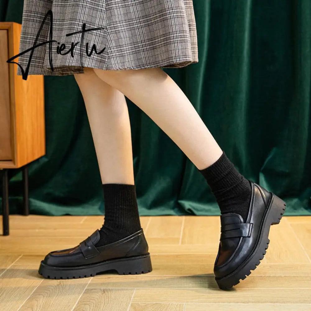Aiertu  Spring Shoes Female British Style New Thick-soled College Style Casual Loafers Genuine Leather Fashion Shoes Girls Aiertu