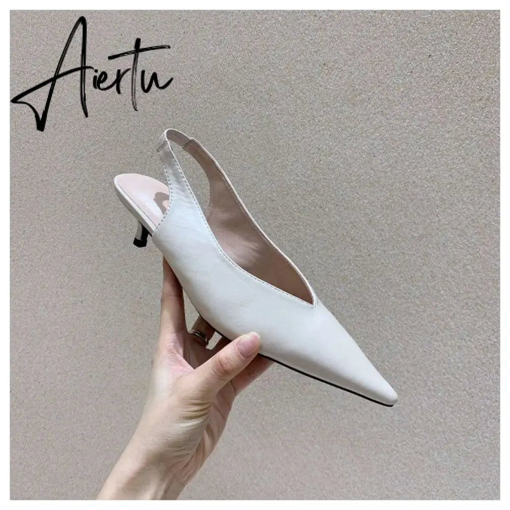 Aiertu Spring Slingback Sandals Low Heel Pumps Shoes Women Elegant Kitten Heel Mules Pointed Toe Wedding Party Shoes zapatos mujer Aiertu