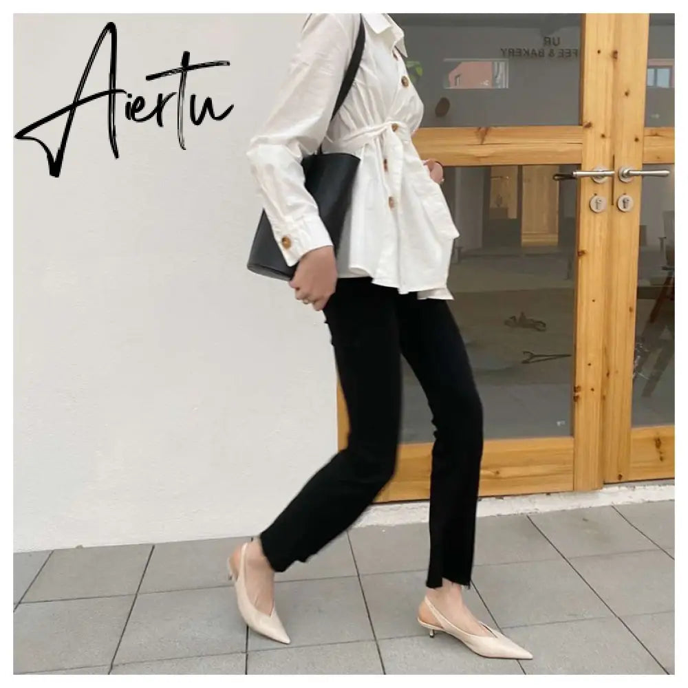 Aiertu Spring Slingback Sandals Low Heel Pumps Shoes Women Elegant Kitten Heel Mules Pointed Toe Wedding Party Shoes zapatos mujer Aiertu