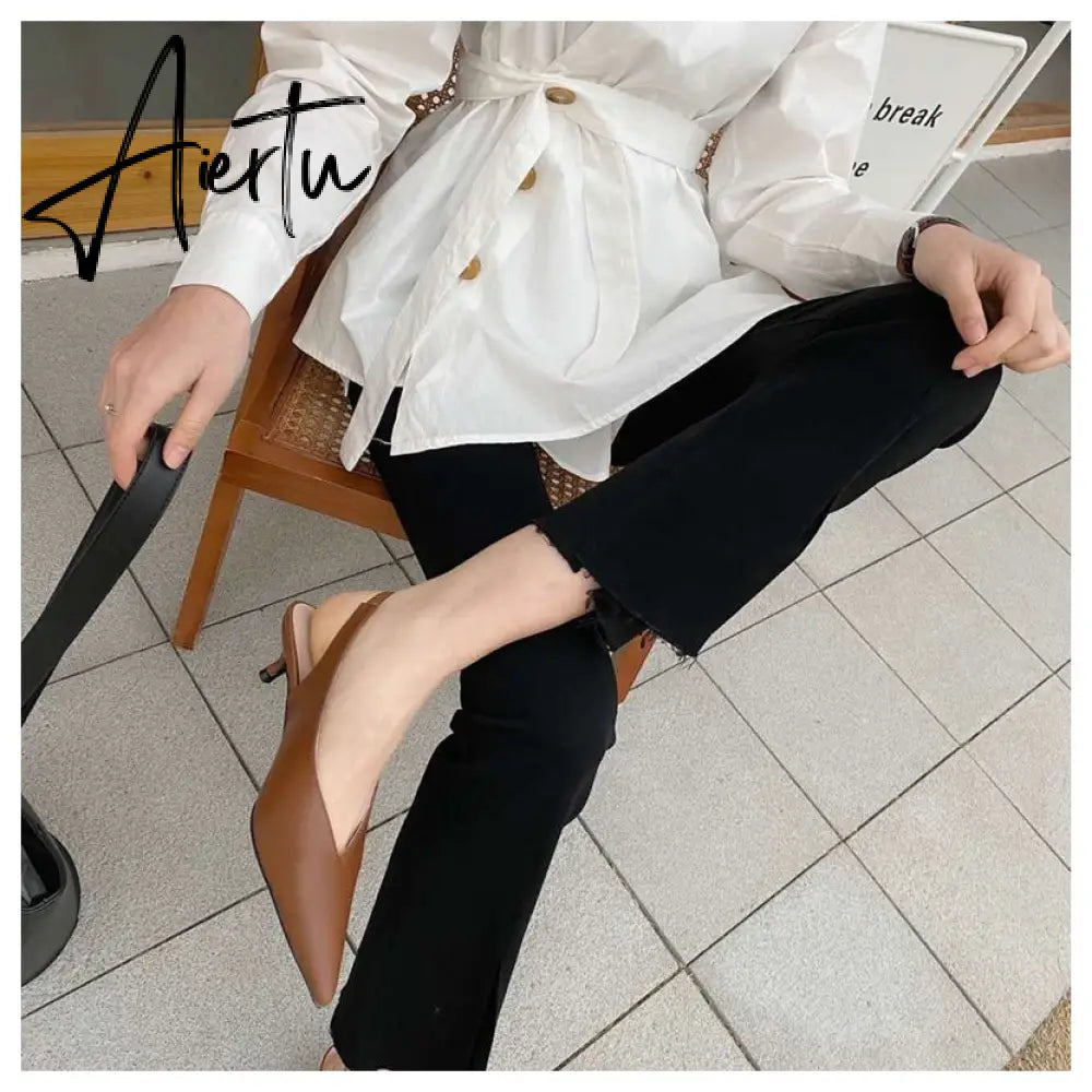 Aiertu Spring Slingback Sandals Low Heel Pumps Shoes Women Elegant Kitten Heel Mules Pointed Toe Wedding Party Shoes zapatos mujer Aiertu