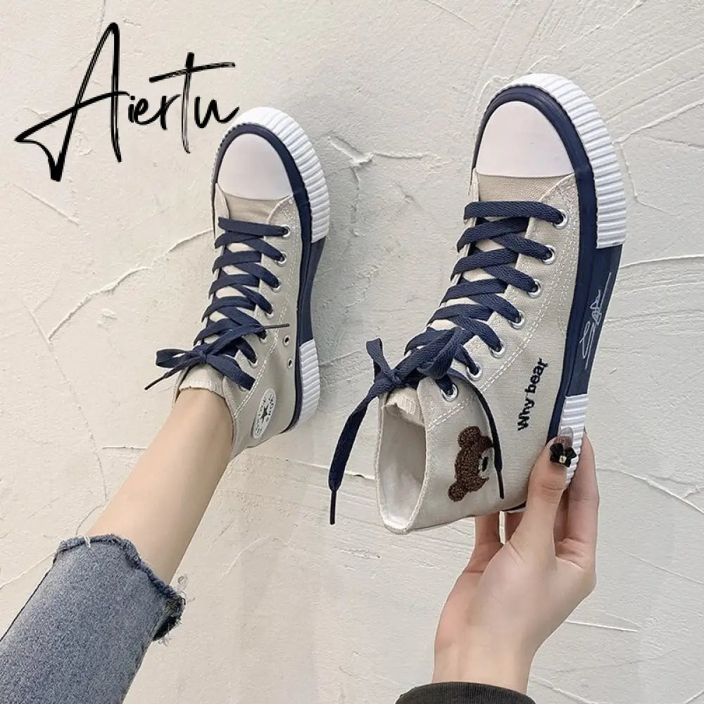 Aiertu Spring Summer Fashion New Bear Women Canvas Shoes High-top Canvas Shoes Lace Up Casual Sneakers Female Off White Shoes Aiertu