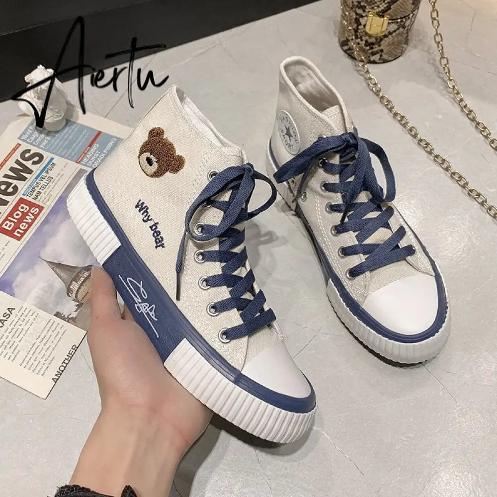 Aiertu Spring Summer Fashion New Bear Women Canvas Shoes High-top Canvas Shoes Lace Up Casual Sneakers Female Off White Shoes Aiertu
