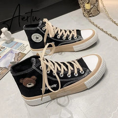 Aiertu Spring Summer Fashion New Bear Women Canvas Shoes High-top Canvas Shoes Lace Up Casual Sneakers Female Off White Shoes Aiertu