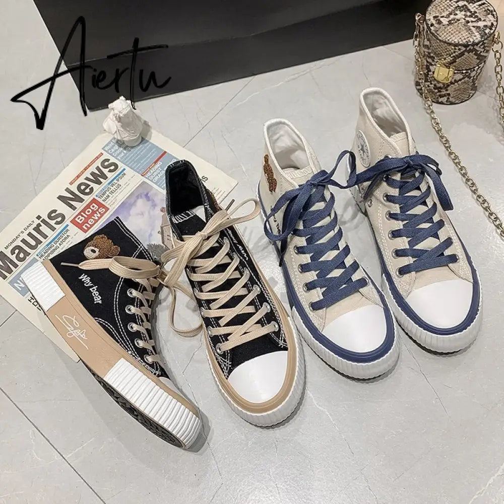 Aiertu Spring Summer Fashion New Bear Women Canvas Shoes High-top Canvas Shoes Lace Up Casual Sneakers Female Off White Shoes Aiertu