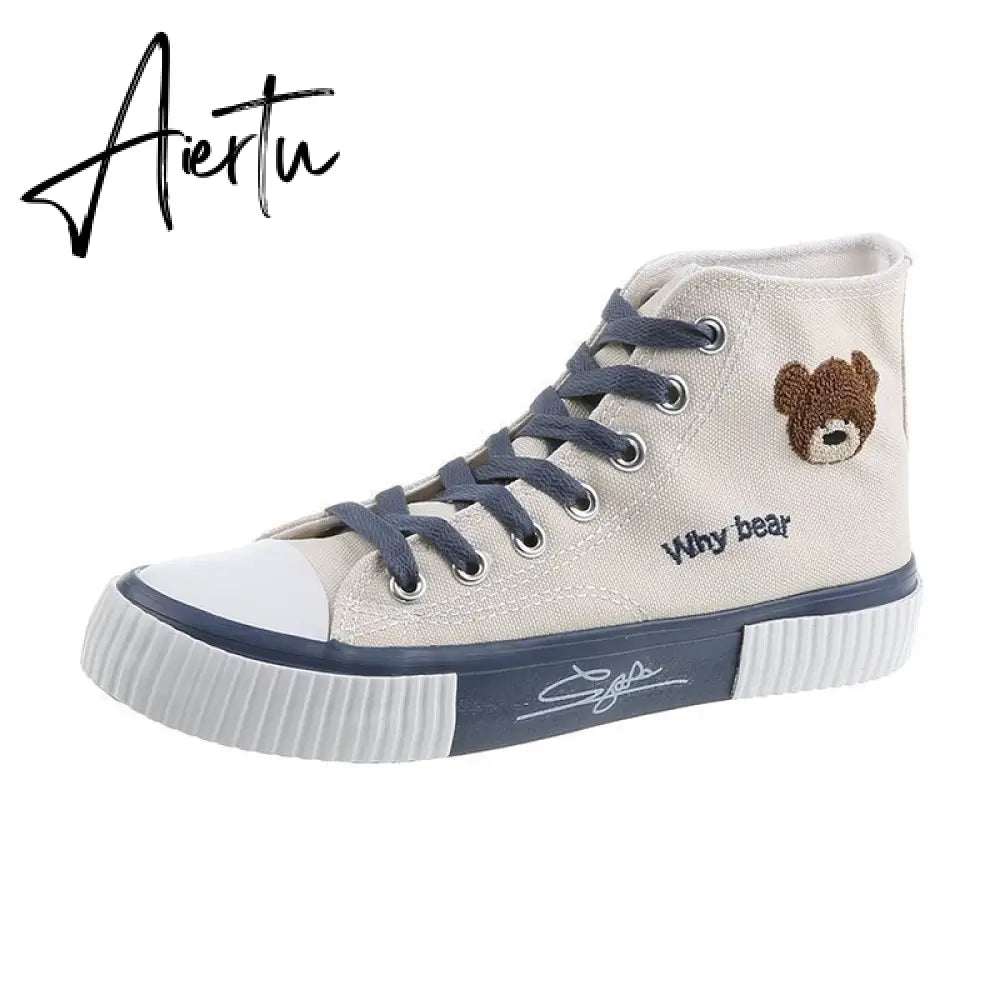 Aiertu Spring Summer Fashion New Bear Women Canvas Shoes High-top Canvas Shoes Lace Up Casual Sneakers Female Off White Shoes Aiertu