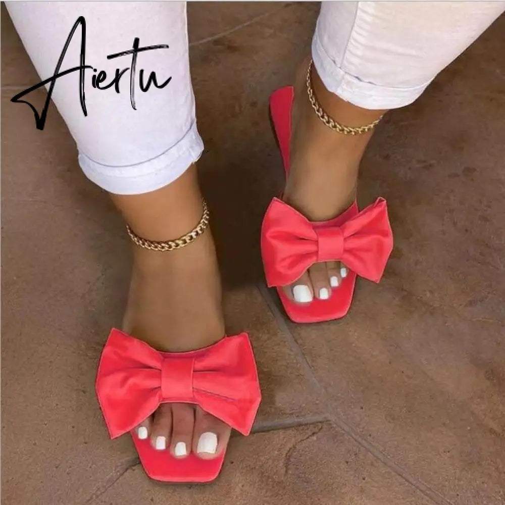 Aiertu  Spring/summer new outdoor flat leather bow non-slip beach lady slippers casual all-match fashion women sandals Aiertu