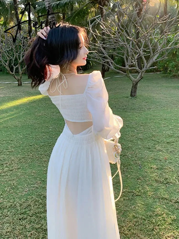 Aiertu Spring Summer New Women Elegant Midi Dresses Party Holiday Backless Prom Mixi Clothes Vestidos Robe Aiertu