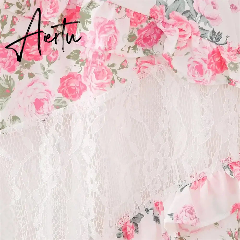 Aiertu Spring/Summer New Women's Clothing Style Versatile Slimming Printed Lace Spliced Suspended Dress Aiertu