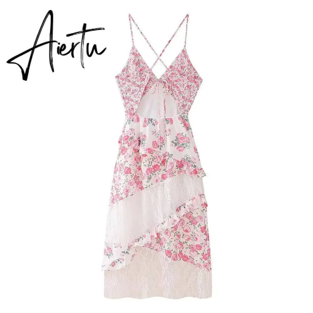 Aiertu Spring/Summer New Women's Clothing Style Versatile Slimming Printed Lace Spliced Suspended Dress Aiertu