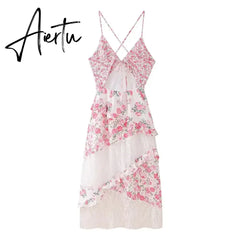 Aiertu Spring/Summer New Women's Clothing Style Versatile Slimming Printed Lace Spliced Suspended Dress Aiertu