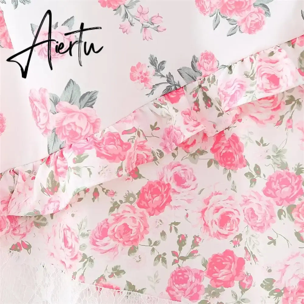 Aiertu Spring/Summer New Women's Clothing Style Versatile Slimming Printed Lace Spliced Suspended Dress Aiertu