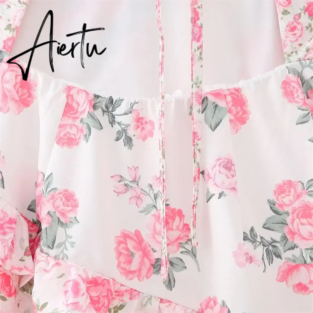 Aiertu Spring/Summer New Women's Clothing Style Versatile Slimming Printed Lace Spliced Suspended Dress Aiertu