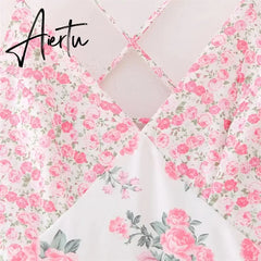 Aiertu Spring/Summer New Women's Clothing Style Versatile Slimming Printed Lace Spliced Suspended Dress Aiertu