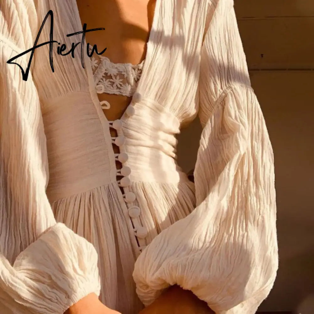 Aiertu  Spring Women Boho Dress French Style Romance V Neck Single-breasted Long Sleeve Maxi Dress Bohemian Holiday Clothes Aiertu