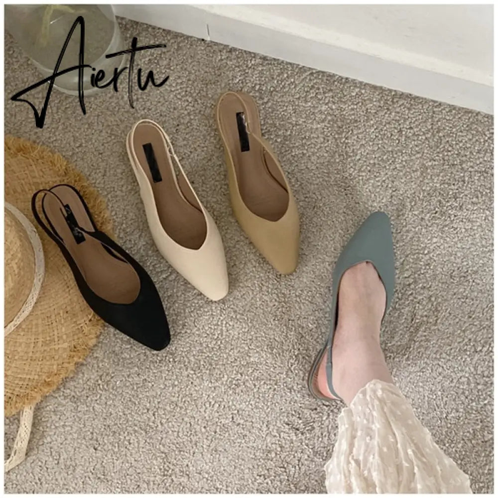 Aiertu Spring Women Flat Heel Slingback Sandals Slip On Shallow Mules Shoes Pointed Toe Female Office Lady Work Shoes Aiertu