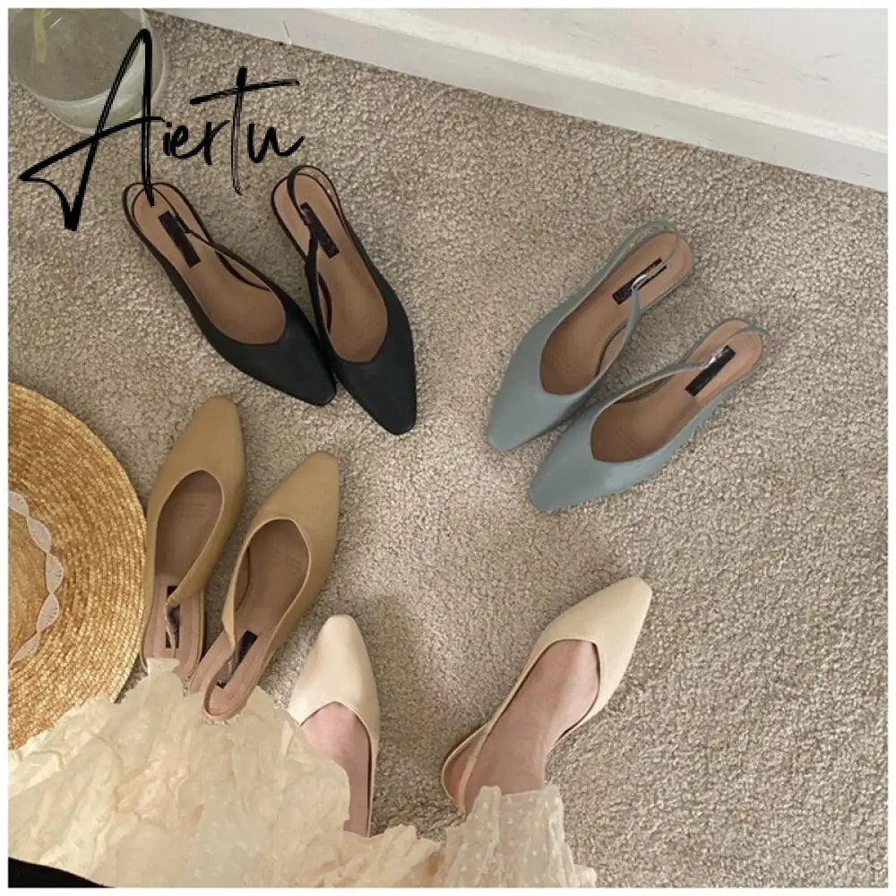 Aiertu Spring Women Flat Heel Slingback Sandals Slip On Shallow Mules Shoes Pointed Toe Female Office Lady Work Shoes Aiertu