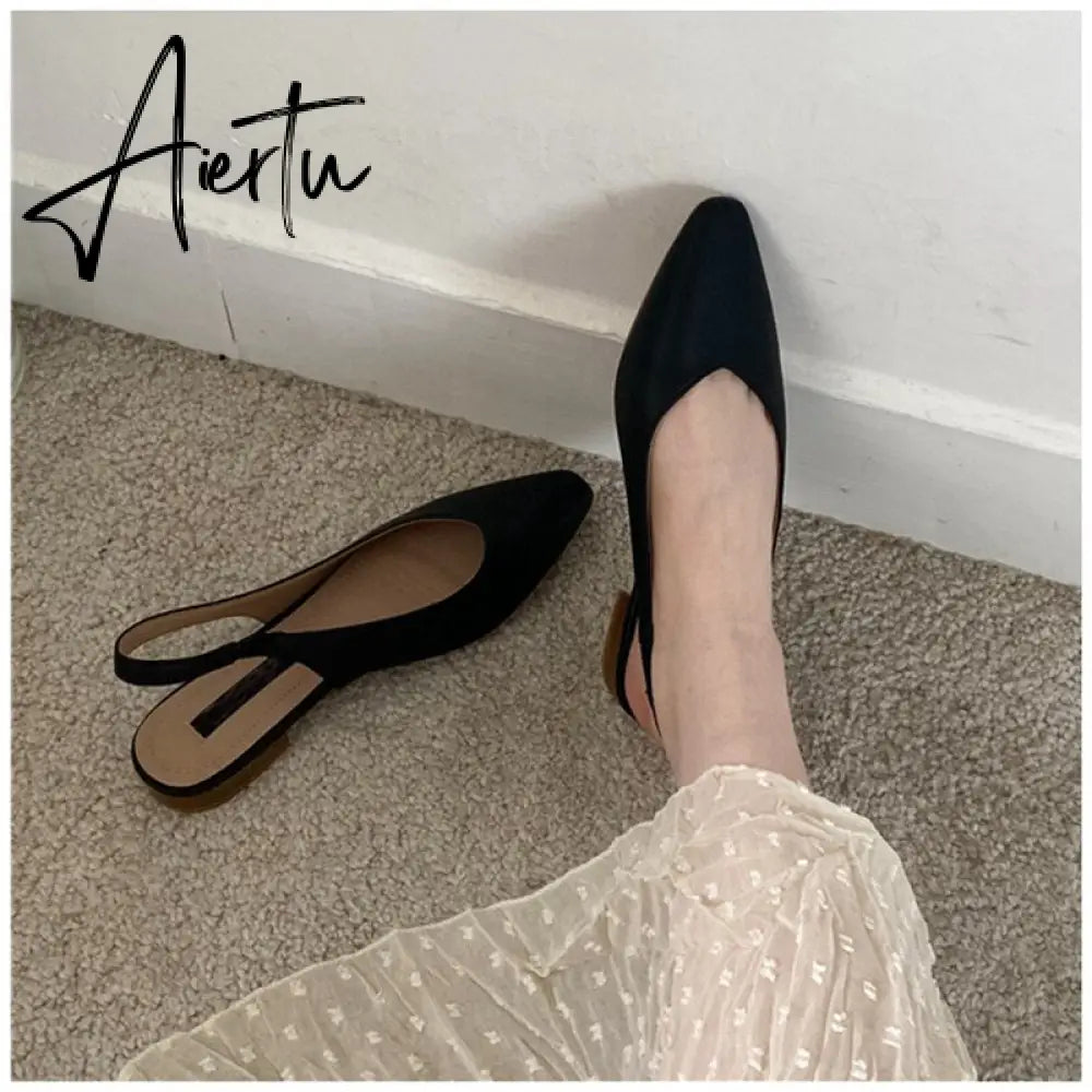 Aiertu Spring Women Flat Heel Slingback Sandals Slip On Shallow Mules Shoes Pointed Toe Female Office Lady Work Shoes Aiertu