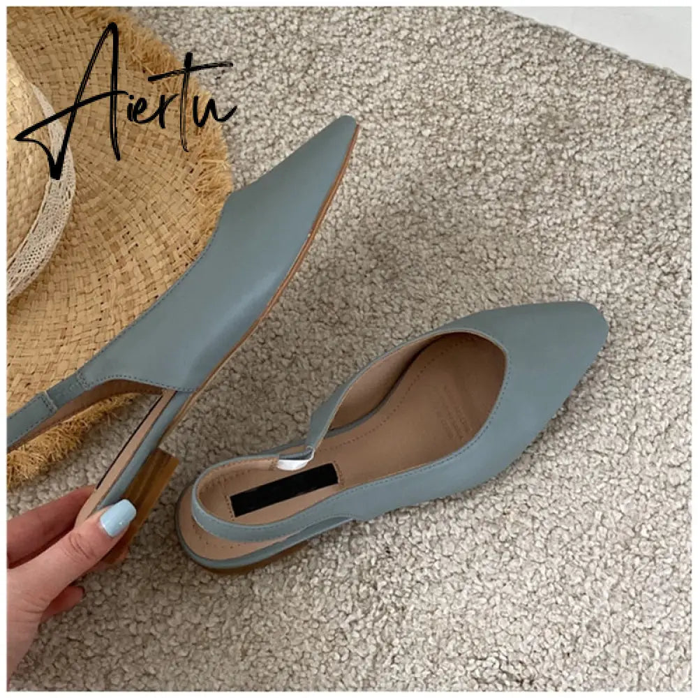 Aiertu Spring Women Flat Heel Slingback Sandals Slip On Shallow Mules Shoes Pointed Toe Female Office Lady Work Shoes Aiertu