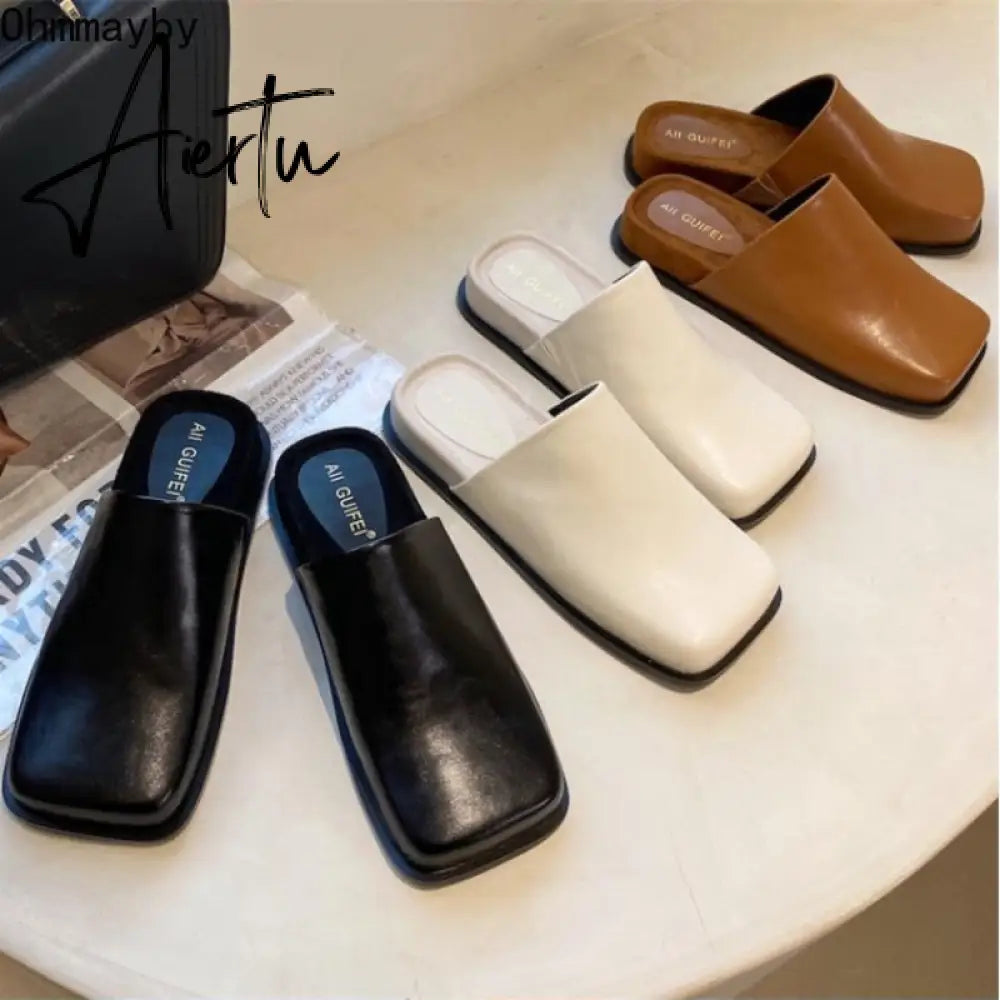 Aiertu Spring Women Mules Shoes Fashion Brand Square Toe Flat Ladies Slipper Slip On Luxury Slides Party Womens's Shoes Aiertu