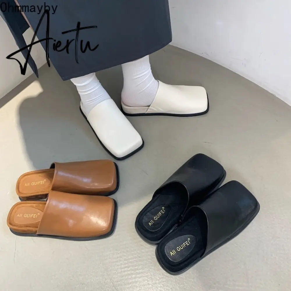 Aiertu Spring Women Mules Shoes Fashion Brand Square Toe Flat Ladies Slipper Slip On Luxury Slides Party Womens's Shoes Aiertu