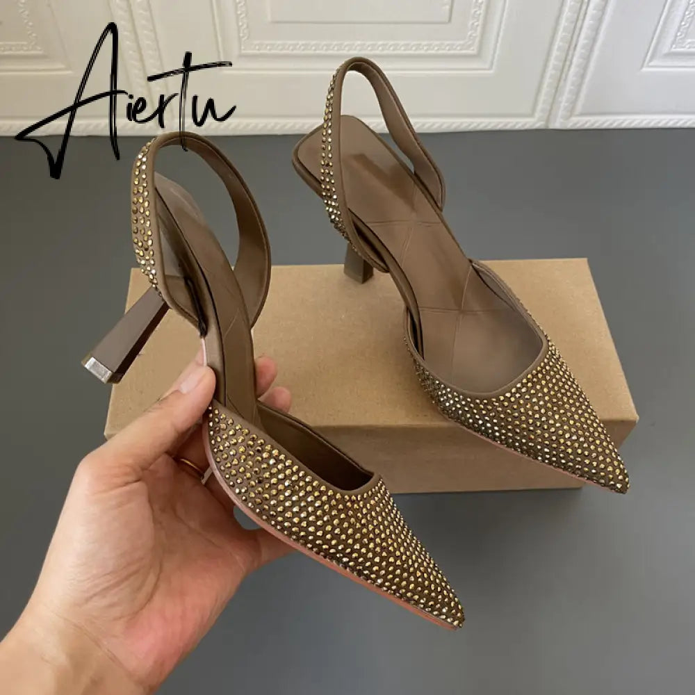 Aiertu Spring Women Sandal Shoes Thin High Heel Pointed Toe Slingback Sandals Ladies Fashion Bling Cystal Party Dress Sh Aiertu